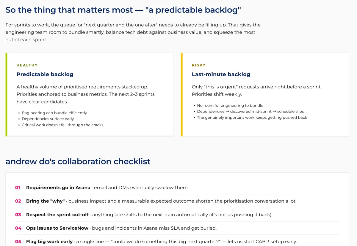 Excerpt from Andrew's training material comparing predictable and last-minute backlogs and setting collaboration rules